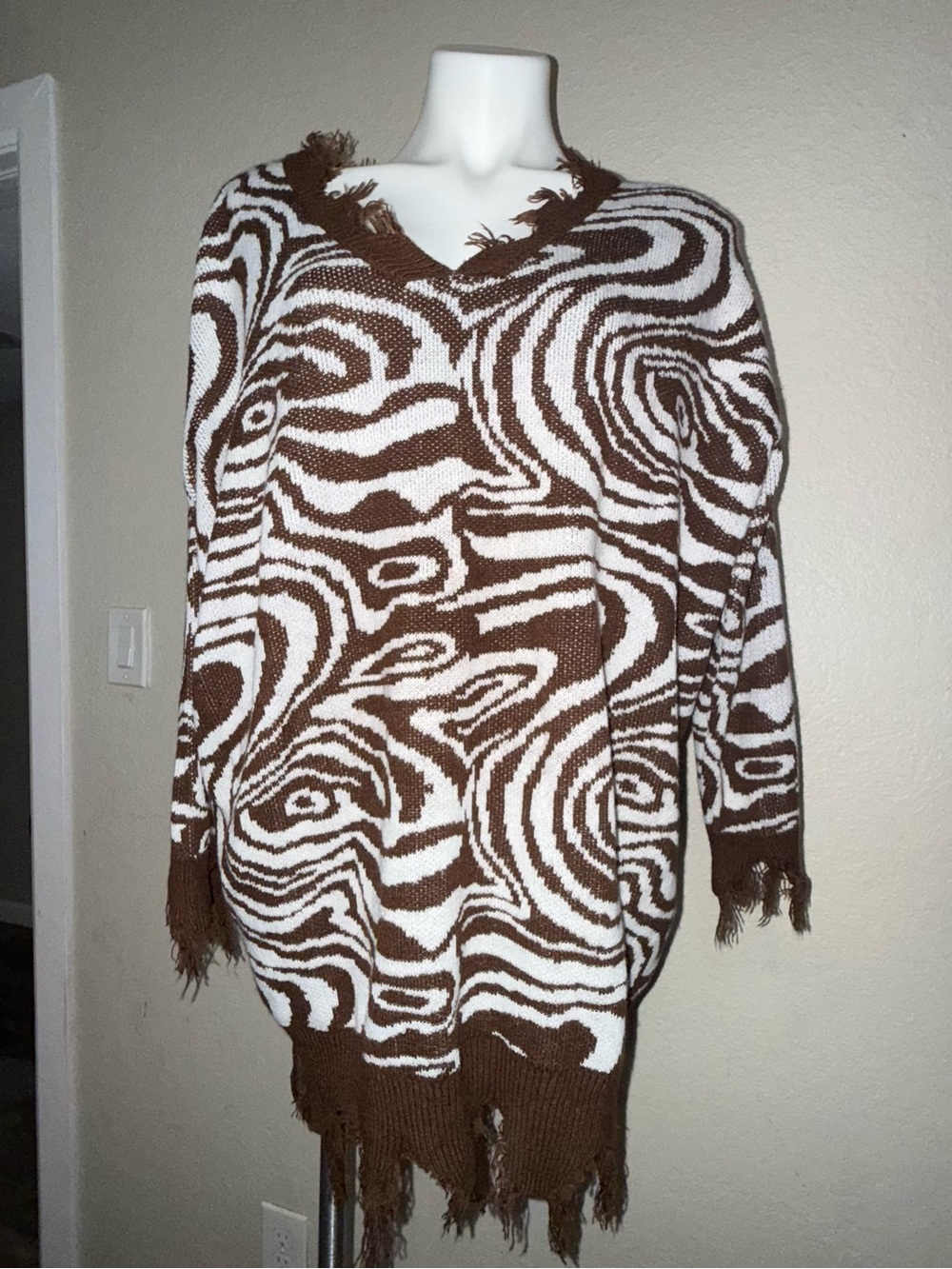 Just Polly Women's Brown & light blue Distressed Knit Sweater